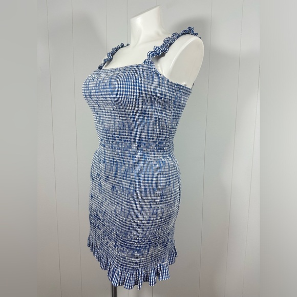 GIANNI BINI SZ XL MIA SMOCKED BLUE GINGHAM RUFFLE STRAP SLEEVELESS MINI DRESS - Picture 3 of 14